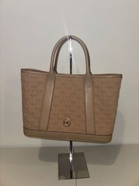 Michael Kors Taupe MK Logo Tote with Gold Accent